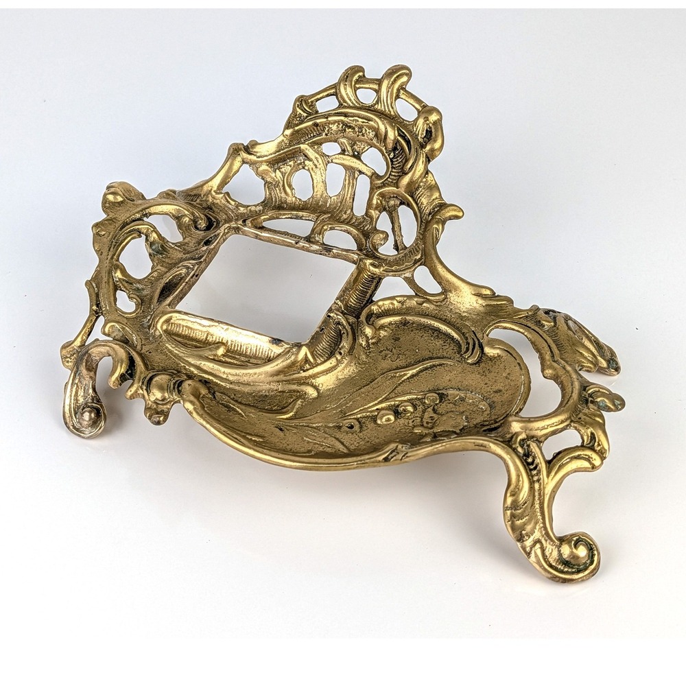 Vintage Cast Brass Inkwell Base & Pen Rest, Ornate Scrolling Leaf Design